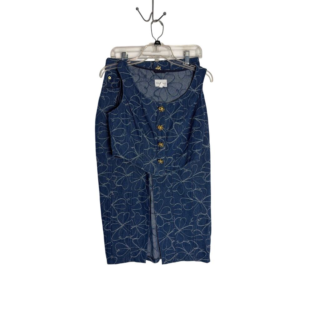 Avec Les Filles Printed Denim Vest & Midi Skirt 2 Piece Set Women Size M Medium